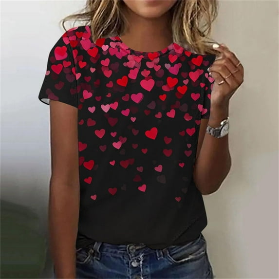 PNTUTB Valentine's Day Fashion Women's Heart Print Casual Loose Comfortable Crew Neck Short Sleeve T Shirt