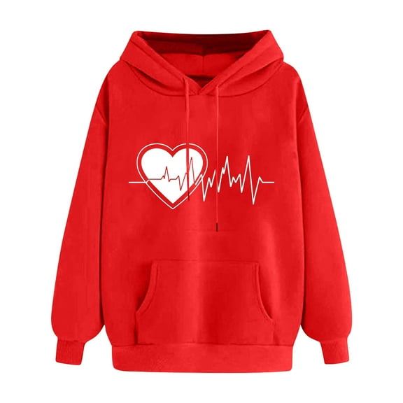 PNTUTB Valentine's Day Fashion Women's Heart Print Long Sleeve Hooded Drawstring Pullover Loose Sweatshirts with Pocket