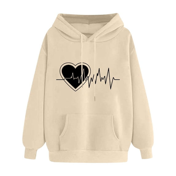 PNTUTB Valentine's Day Fashion Women's Heart Print Long Sleeve Hooded Drawstring Pullover Loose Sweatshirts with Pocket