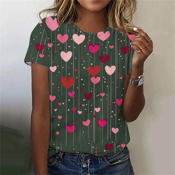 PNTUTB Valentine's Day Women's Fashionable Print Crew Neck Short Sleeve Versatile Comfort Loose T Shirt