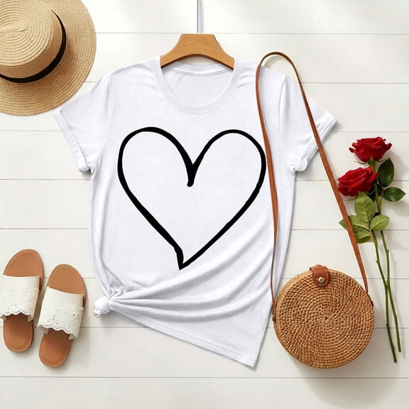 PNTUTB Valentine's Day Women's Fashion Print Casual Loose Crew Neck Short Sleeve Comfortable T Shirt