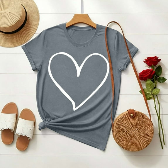 PNTUTB Valentine's Day Women's Fashion Print Casual Loose Crew Neck Short Sleeve Comfortable T Shirt