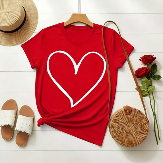 PNTUTB Valentine's Day Women's Fashion Print Casual Loose Crew Neck Short Sleeve Comfortable T Shirt