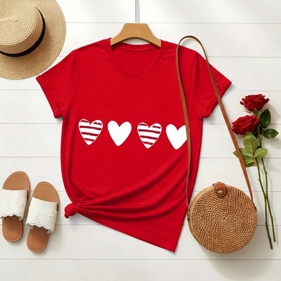 PNTUTB Valentine's Day Women's Fashion Print Crew Neck Short Sleeve Casual Loose Comfortable T Shirt