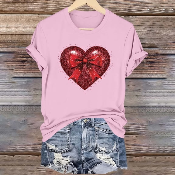 PNTUTB Valentine's Day Women's Fashion Print Short Sleeve Crew Neck Casual Loose Comfort Versatile T Shirt