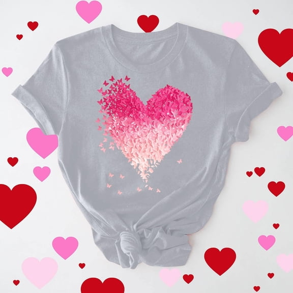 PNTUTB Valentine's Day Women's Fashionable Versatile Print Crew Neck Short Sleeve Loose Comfort T Shirt