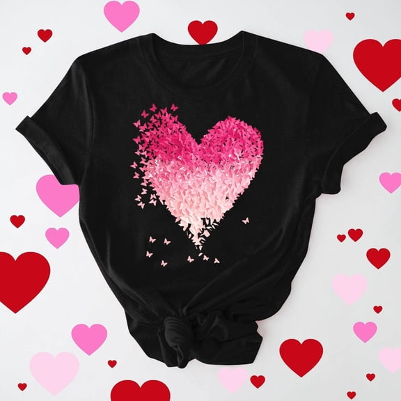 PNTUTB Valentine's Day Women's Fashionable Versatile Print Crew Neck Short Sleeve Loose Comfort T Shirt