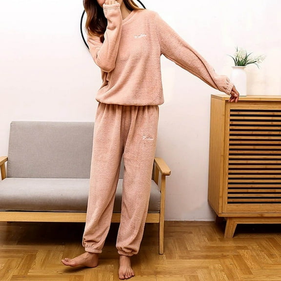 PNTUTB Winter Fleece Pajamas for Women Solid Color Crew Neck Letter Embroidery Pullover Loose Warm Sleepwear Sets
