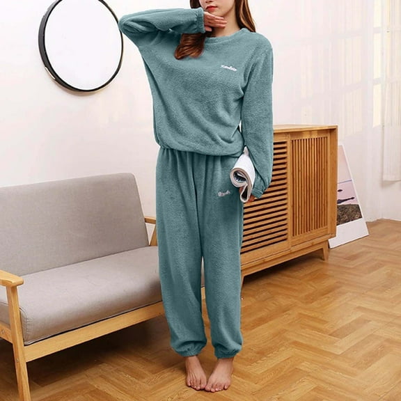PNTUTB Winter Fleece Pajamas for Women Solid Color Crew Neck Letter Embroidery Pullover Loose Warm Sleepwear Sets