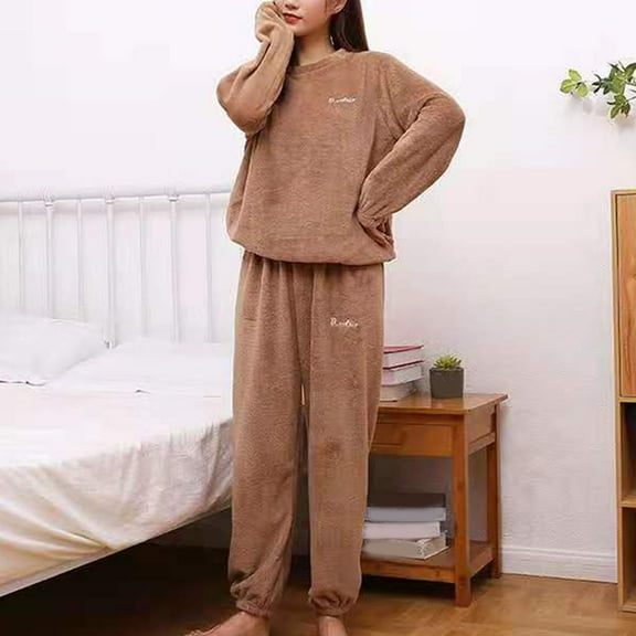 PNTUTB Winter Fleece Pajamas for Women Solid Color Crew Neck Letter Embroidery Pullover Loose Warm Sleepwear Sets