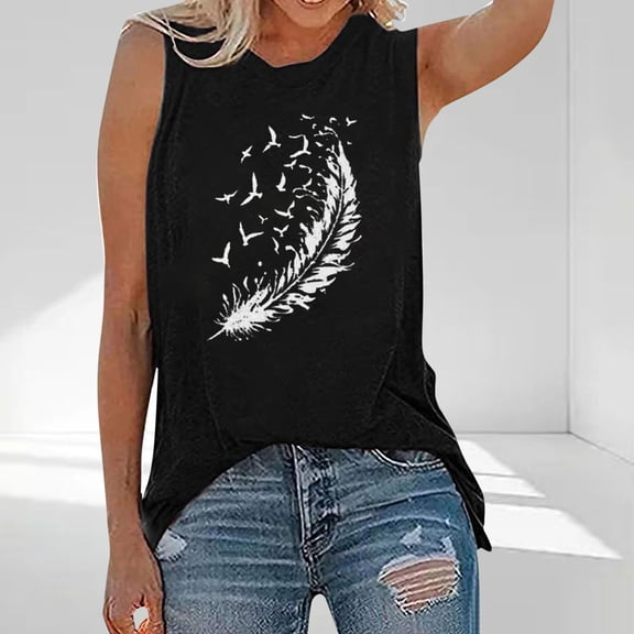 PNTUTB Women Casual Summer Loose Tank Basic Tees Comfortable Fit Casual Round Neck Sleeveless Printed Blouses