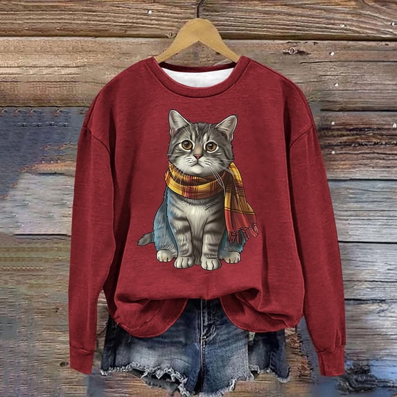 PNTUTB Women Fall Winter Casual Crewneck Long Sleeve Hoodless Sweatshirts Cute Print Tops Fashion Clothing