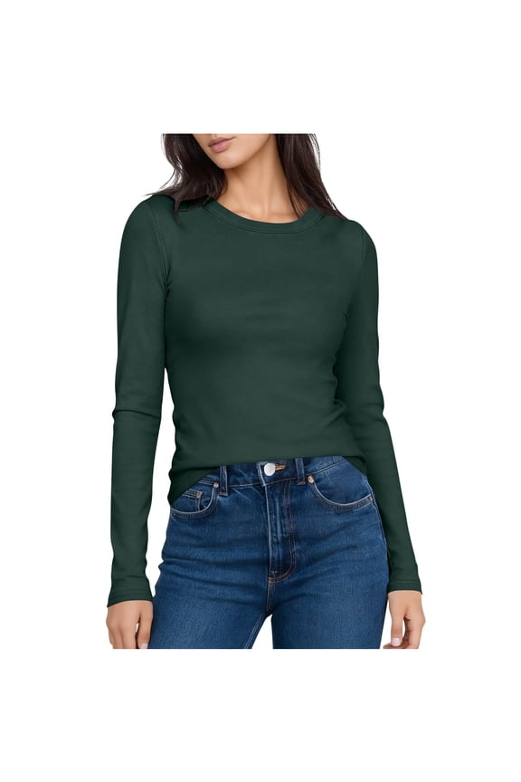 Women Fall Winter Casual Solid Color Crew Neck Long Sleeve Thermal Undershirt Basic Clothes