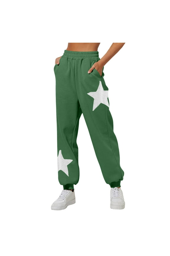 Women Fashion Star Print Solid Color Ankle Cinched Side Pocket Casual Comfortable Sweatpants