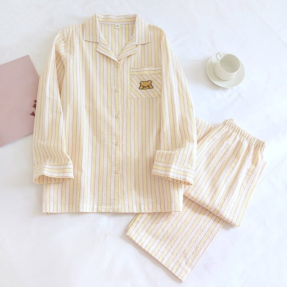 PNTUTB Women Fashion Vertical Stripes Bear Pocket Lapel Button Up Long Sleeve Cotton Casual Loungewear Pajamas Set