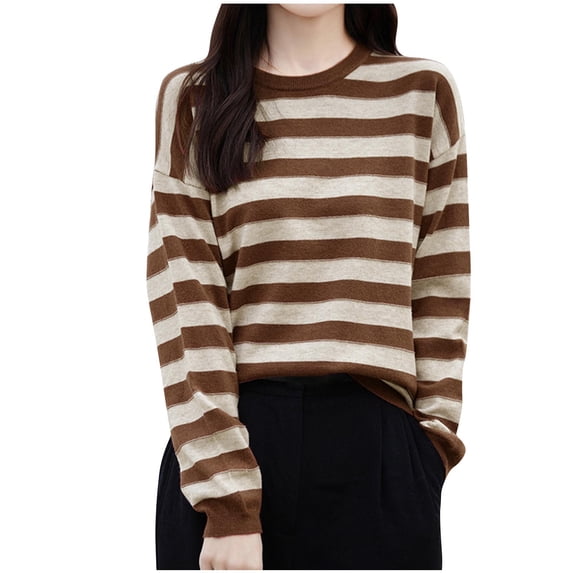 PNTUTB Women Striped Regular Long Sleeve Crew Neck Pullover Comfortable Undershirt for Fall Winter
