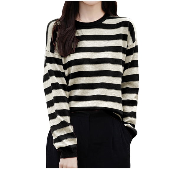 PNTUTB Women Striped Regular Long Sleeve Crew Neck Pullover Comfortable Undershirt for Fall Winter