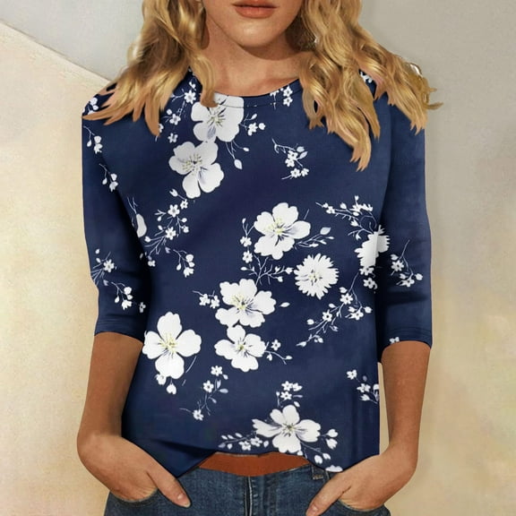 PNTUTB Women's 3/4 Sleeve Printed Basic Tees Blouses Round Neck Long Sleeve Round Neck Top/Shirt