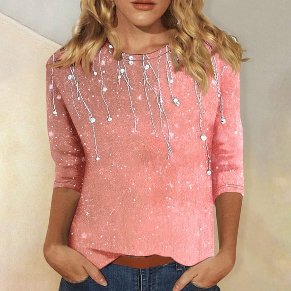 PNTUTB Women's 3/4 Sleeve Round Neck Top/Shirt Printed Round Neck Long Sleeve Basic Tees Blouses