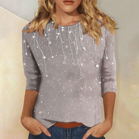 PNTUTB Women's 3/4 Sleeve Round Neck Top/Shirt Printed Round Neck Long Sleeve Basic Tees Blouses