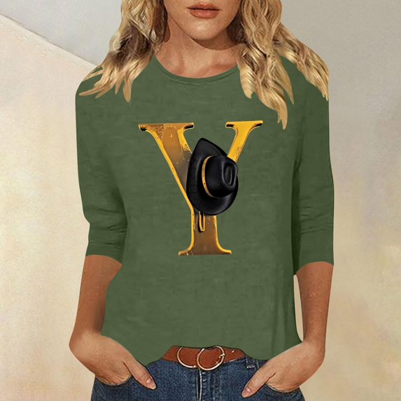 PNTUTB Women's 3/4 Sleeve Western Style Printed Casual T-shirt
