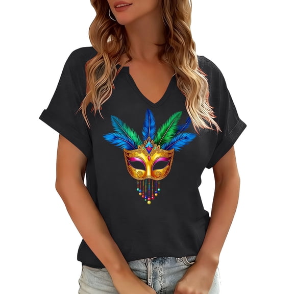 PNTUTB Women's Carnival Fashion Print Casual V Neck Pullover Short Sleeve Loose Comfortable T Shirts