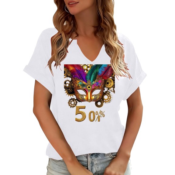 PNTUTB Women's Carnival Fashion Print V Neck Pullover Casual Loose Comfortable Short Sleeve T Shirts