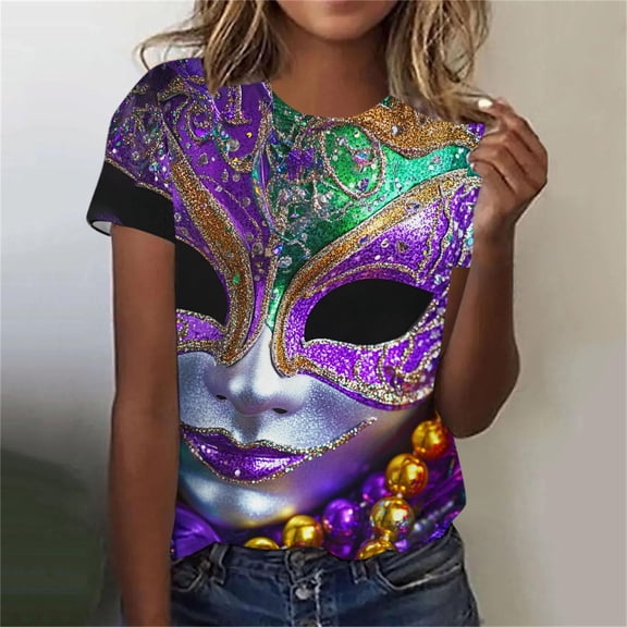PNTUTB Women's Carnival Themed Stylish Print T Shirt Loose Crew Neck,Comfortable Short Sleeves Tops
