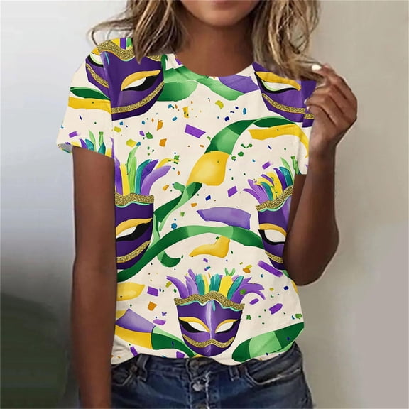 PNTUTB Women's Carnival Themed T Shirt Loose Crew Neck,Stylish Print,Comfortable Short Sleeves Tops