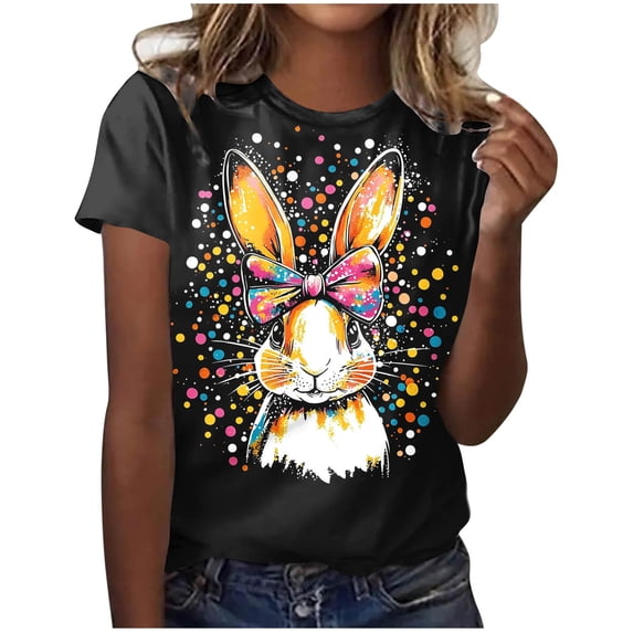 PNTUTB Women's Casual Easter T-Shirt,Cute Print Round Neck Pullover Short Sleeve Breathable Loose and Comfortable T-Shirt
