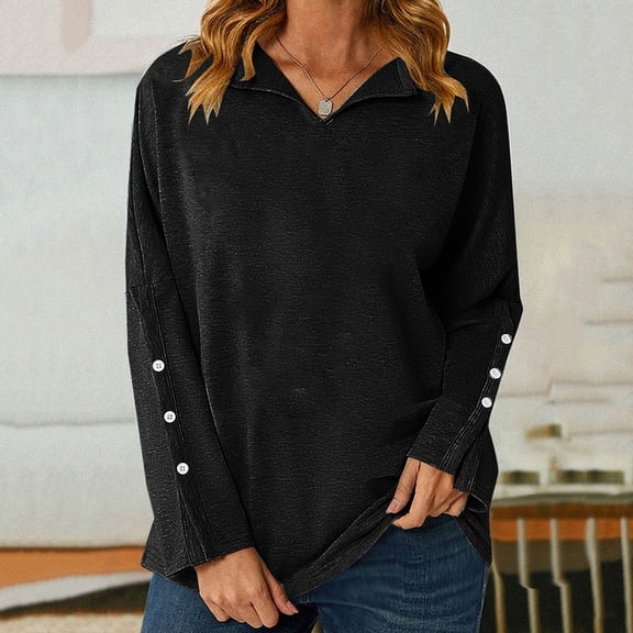 PNTUTB Women's Casual Fashion Solid Color Buttoned Cuffs V-Neck Long Sleeve Oversized Top
