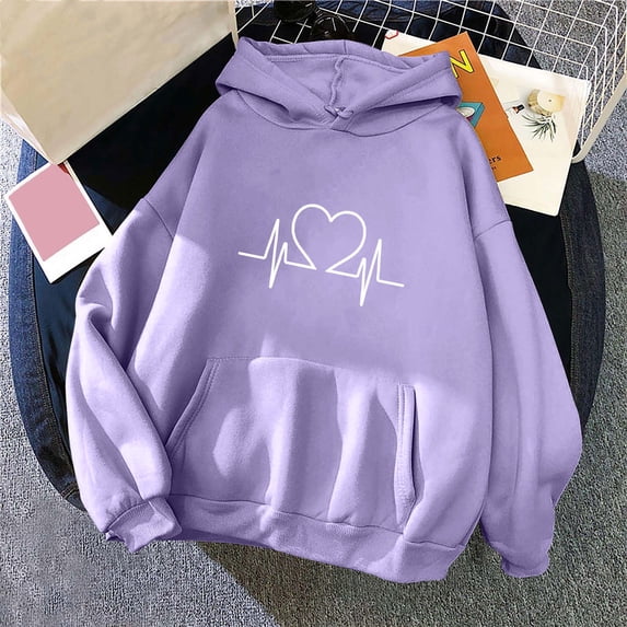 PNTUTB Women's Casual Long Sleeve Kangaroo Pocket Heart Motif Print Drawstring Hoodies Pullover Sweatshirts