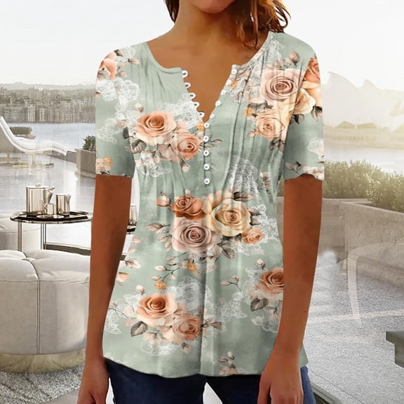 PNTUTB Women's Casual Loose Fashion Printed Button Up V Neck Ruffled Pullover Short Sleeve T Shirts