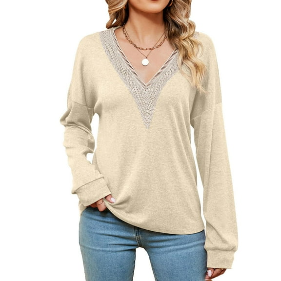 PNTUTB Women's Casual Loose Fit Comfortable Fashion Solid Color V-Neck Pullover Long Sleeve Top&Flash Picks