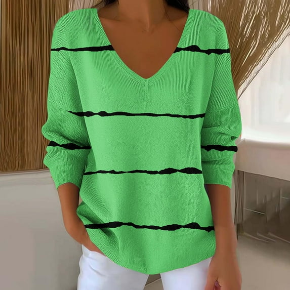 PNTUTB Women's Casual Loose Fit Fashion Striped Print V-Neck Comfortable Long Sleeve Top&Flash Picks