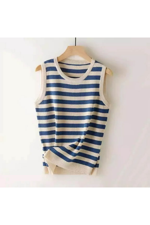 Women's Casual Oversize Round Neck Hooded Summer Striped Knit Sleeveless Tank Loose Tank Tops Basic Tees