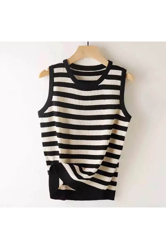 Women's Casual Oversize Round Neck Hooded Summer Striped Knit Sleeveless Tank Loose Tank Tops Basic Tees