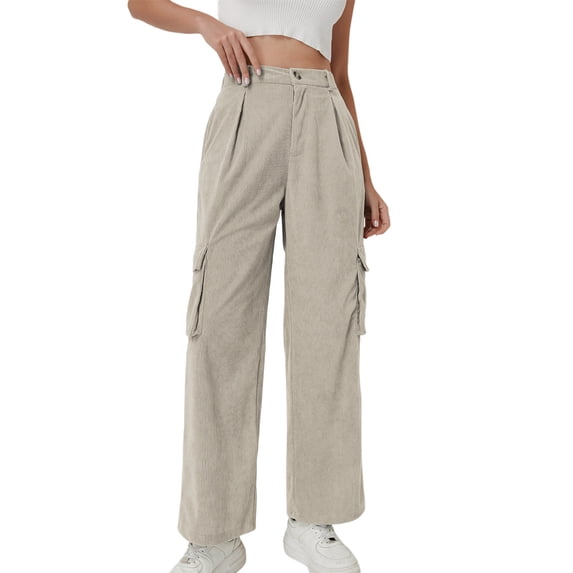 PNTUTB Women's Casual Solid Color Corduroy Elastic Waistband Button Fly Straight Leg Pants with Multiple Pockets