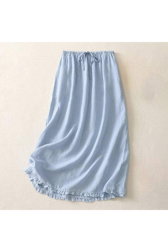 Women's Casual Solid Color Cotton Linen Blend Elastic Waist Drawstring Skirt with Lace Hem and Pockets