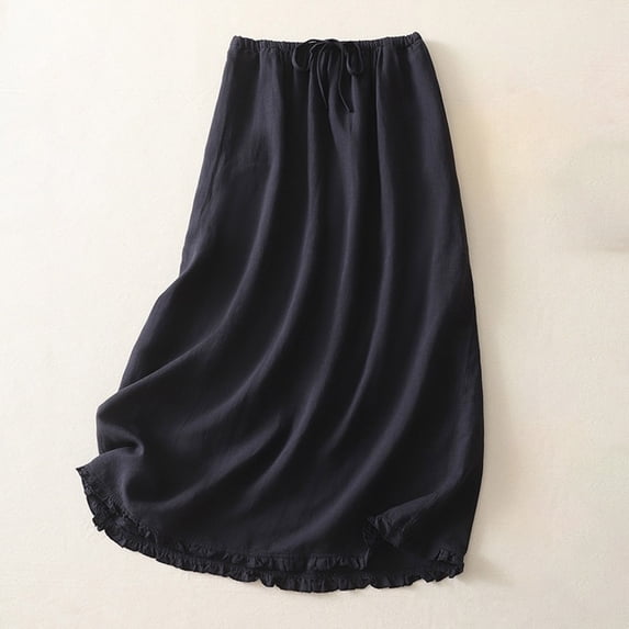 PNTUTB Women's Casual Solid Color Cotton Linen Blend Elastic Waist Drawstring Skirt with Lace Hem and Pockets