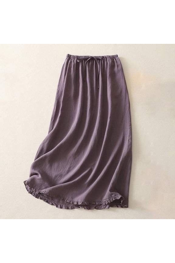 Women's Casual Solid Color Cotton Linen Blend Elastic Waist Drawstring Skirt with Lace Hem and Pockets