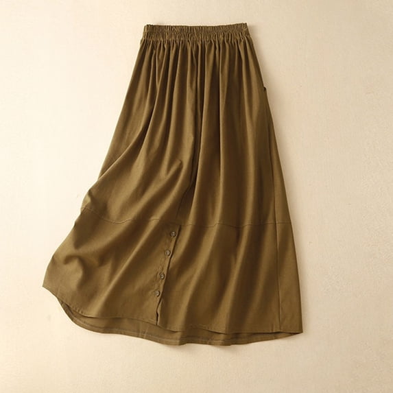 PNTUTB Women's Casual Solid Color Cotton Linen Blend Pleated Elastic Waist Button Back Hem Skirt with Pockets