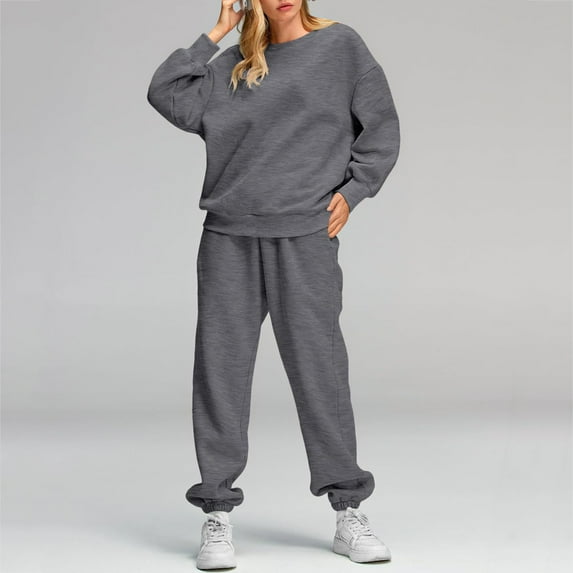 PNTUTB Women's Casual Solid Color Crew Neck Long Sleeve Activewear Sets Drawstring Tapered Hem Pant Loose Set with Pockets