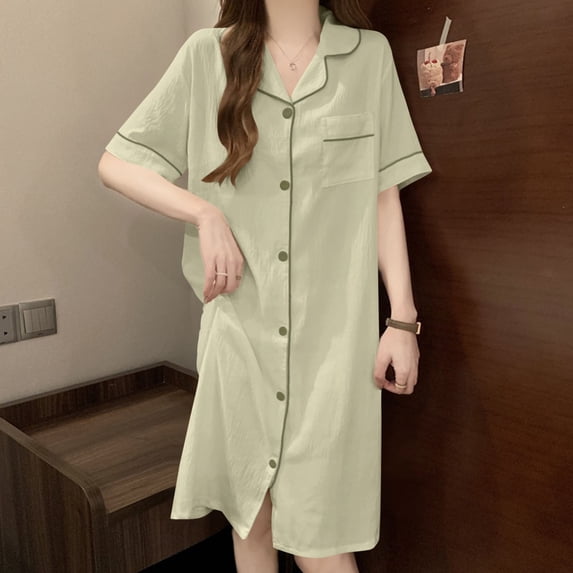 PNTUTB Women's Casual Solid Color Fashion Collar Button Up Loose Comfortable Home Sleep Dress with Pockets