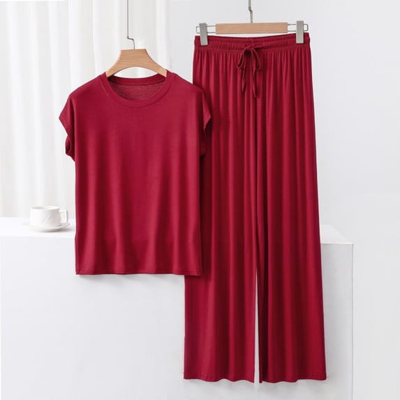 PNTUTB Women's Casual Solid Color Loose Comfortable Short Sleeve Crew Neck Top with Drawstring Pants Pajama Set