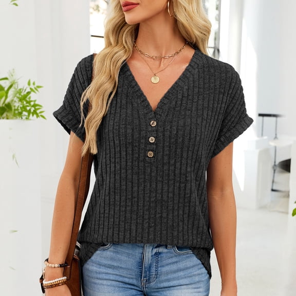 PNTUTB Women's Casual Solid Color Ribbed V Neck Button Front Loose Comfortable Short Sleeve T Shirts