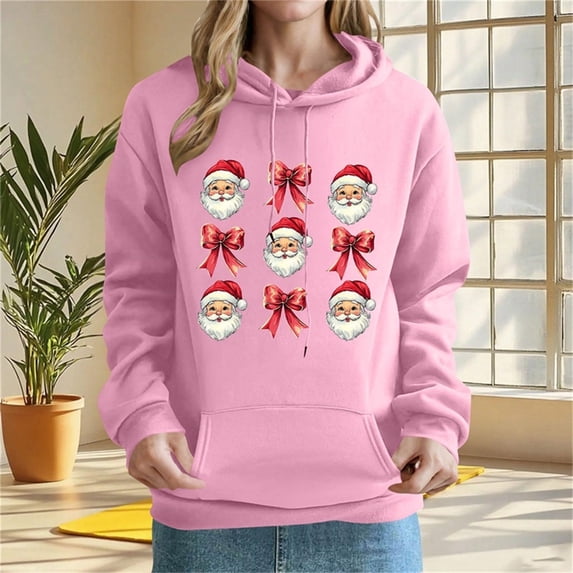 PNTUTB Women's Christmas Cute Printed Off Shoulder Pocket Long Sleeved Hooded Drawstring Pullover Casual Loose Sweatshirt