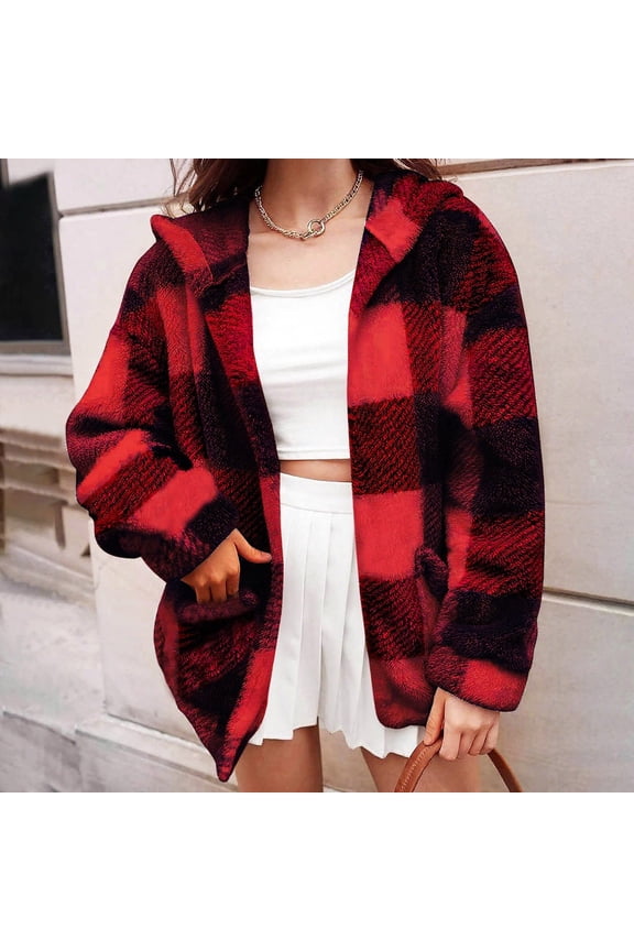 Women's Color-blocked Checkered Fleece Warm Long Sleeve Hooded Casual Cardigan Coat with Pocket