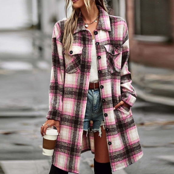 PNTUTB Women's Color-blocked Plaid Button Down Long Sleeve Solid Color Lapel Loose Long Coat with Pockets
