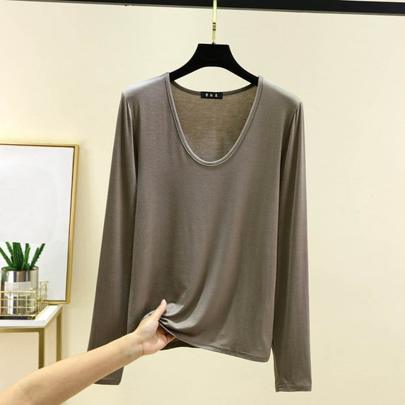 PNTUTB Women's Crew Neck Long Sleeve Tops Solid Color Fall Basic Comfort Pullover Undershirt